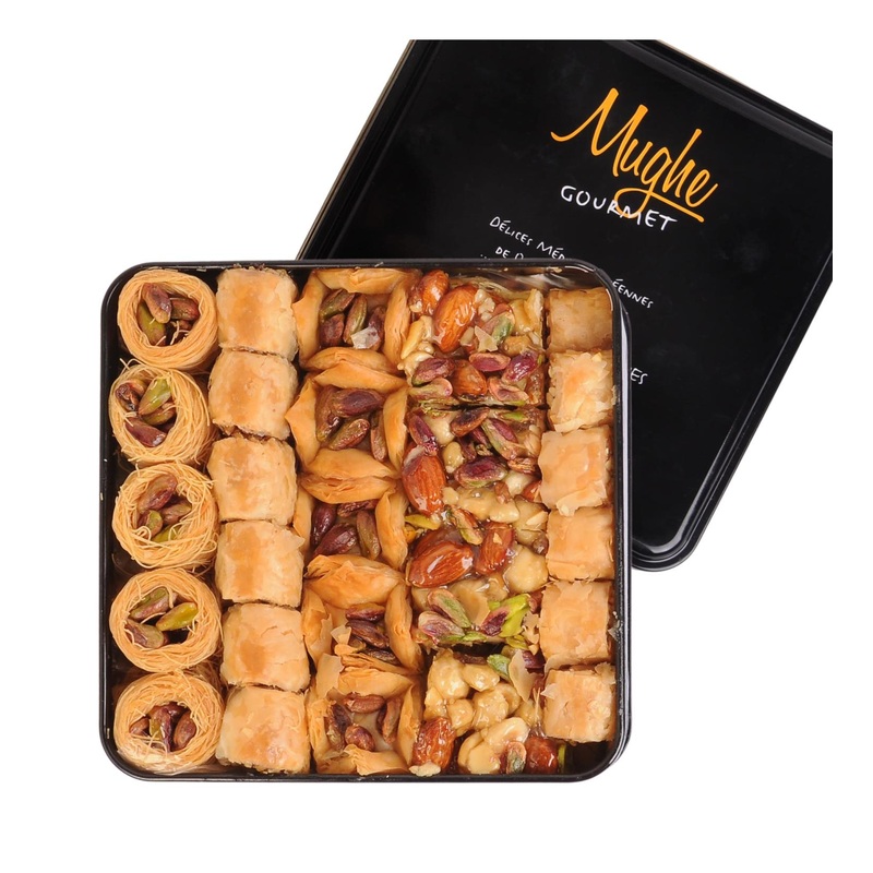 Deluxe Assorted Baklava Pastry Tin Gift Box – 52 pcs Double Layer Turkish Pistachios Bakery Fresh – 750g – Holiday Gifts for Christmas & Thanksgiving – MUGHE GOURMET