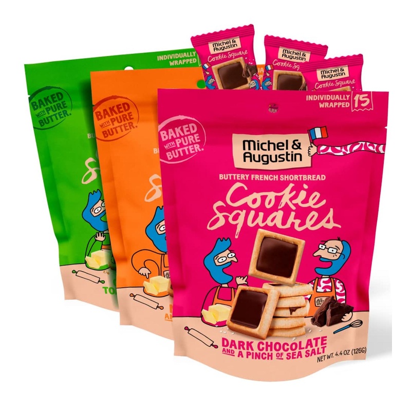 Michel et Augustin Gourmet Chocolate Cookie Squares – Individually Wrapped European Cookies – 3-Bag Variety Pack | 15 French Shortbread Cookies per Bag