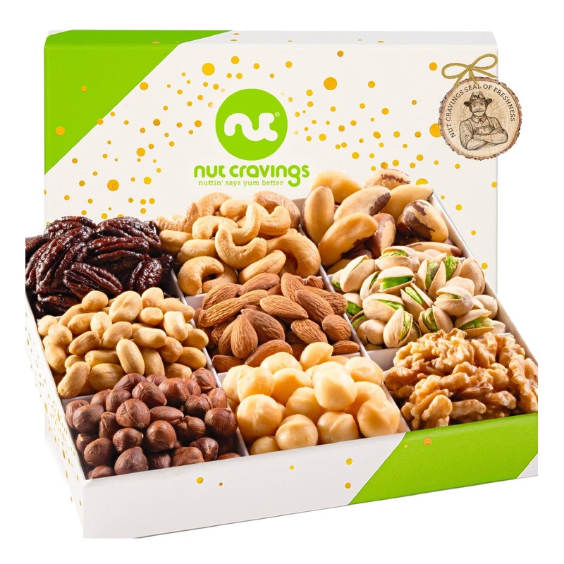 Nuts Gift Basket (9 Assortments) – Holiday Christmas & Birthday Gourmet Platter in White Box – Healthy Kosher Snack Tray for Adults
