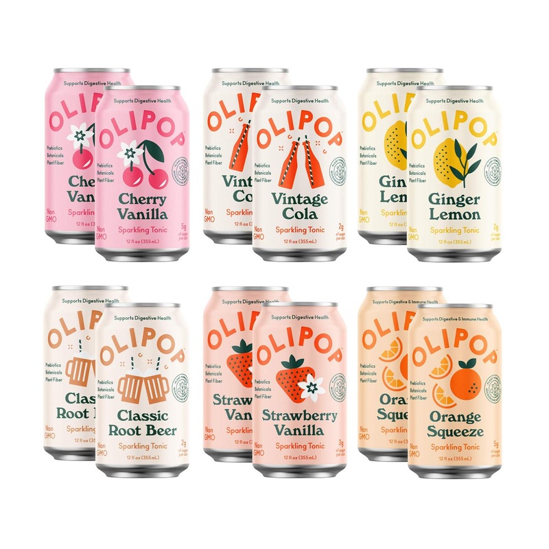 OLIPOP Sampler Pack – 6 Flavors of Healthy Prebiotic Soft Drinks – Supports Digestive Health – Low Calorie & Sugar – Vegan (12 oz, 12-Pack)