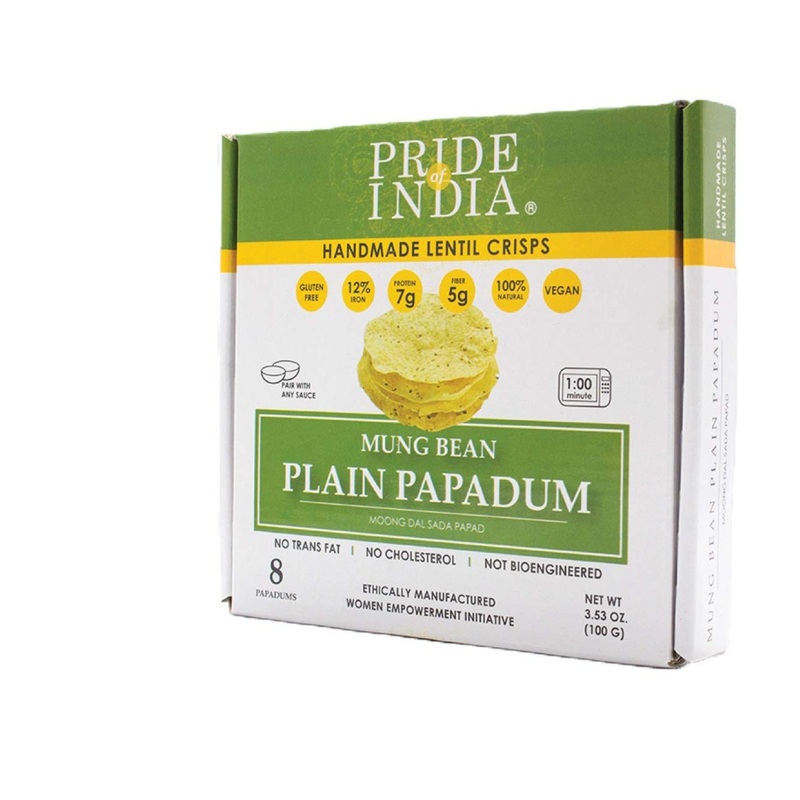 Pride Of India Mung Bean Plain Papadum Lentil Crisp 10 count (3.53oz) – Gluten-Free Vegan Snack – Plant-Based Protein Chips – Traditional Handmade Indian Low Carb Food