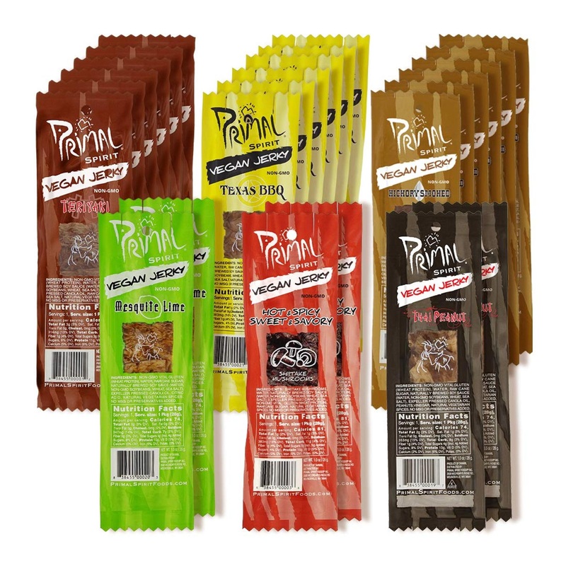 Primal Spirit Vegan Jerky Most Popular Flavors Pack – 24-Pack (1 oz) Plant Based Protein – Teriyaki, Hickory Smoked, Texas BBQ, Thai Peanut, Hot & Spicy, Mesquite Lime