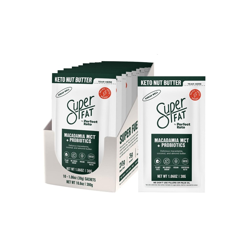 SuperFat Nut Butter Keto Snacks – Macadamia & Almond Fat Bomb for Energy & Metabolism – Gluten Free & Low Net Carb – 10 x 1.0 oz Box (MCT Probiotic)