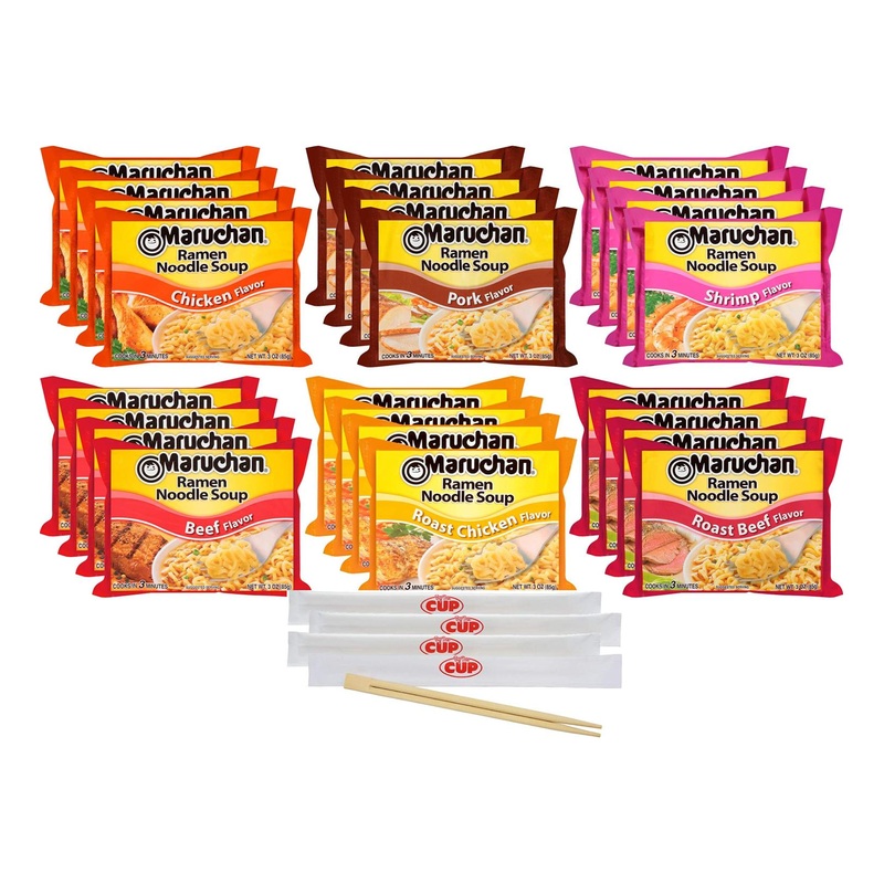 Maruchan Ramen Noodle Soup Variety – 6 Flavors  Pack of 24 with By The Cup Chopsticks