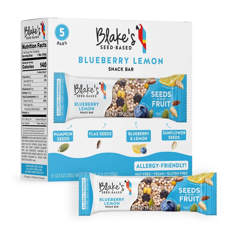 Blake’s Blueberry Lemon Seed Based Snack Bar – Nut Free, Gluten Free, Dairy Free & Vegan – 5 Bars, Organic Fruit Bar Flavor – Healthy Breakfast Snacks for Kids and Adults