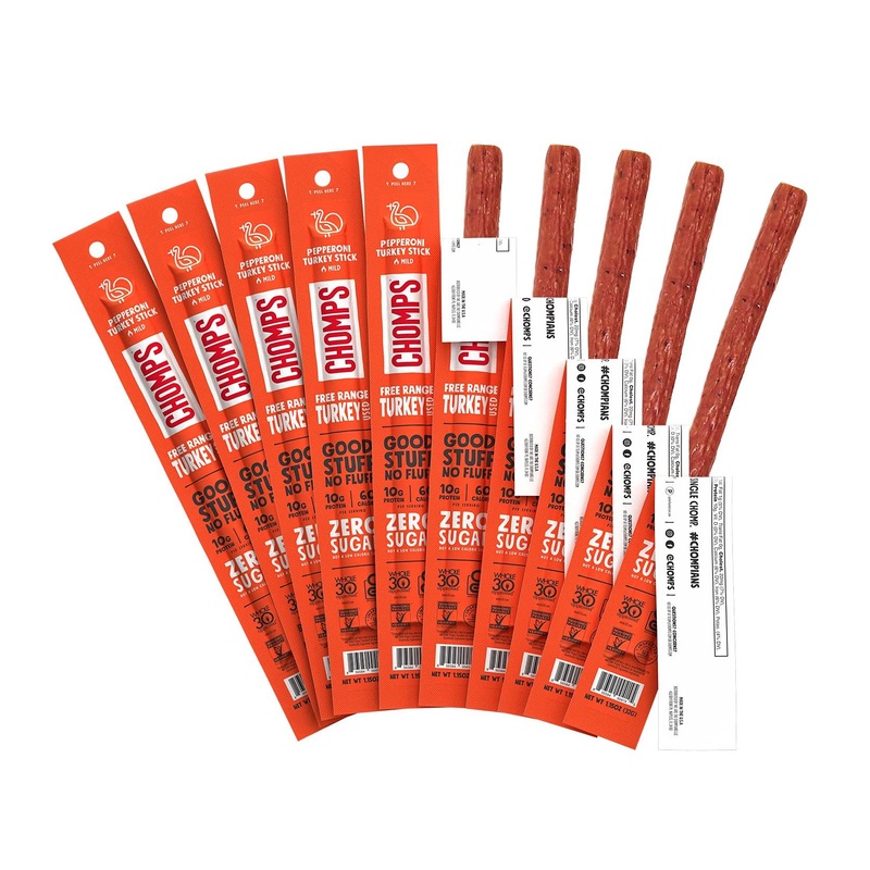 CHOMPS Pepperoni Turkey Jerky Sticks – Keto, Paleo, Whole30 Approved | Low Carb, High Protein, Sugar Free, Gluten Free | 60 Calories, 1.15 Oz Sticks | 10 Pack