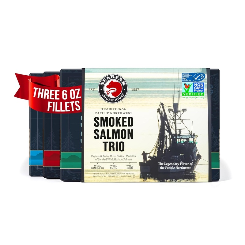 SeaBear Smoked Salmon Trio – Premium Wild Alaskan Sockeye, Coho, and Pink Salmon – 18oz Box