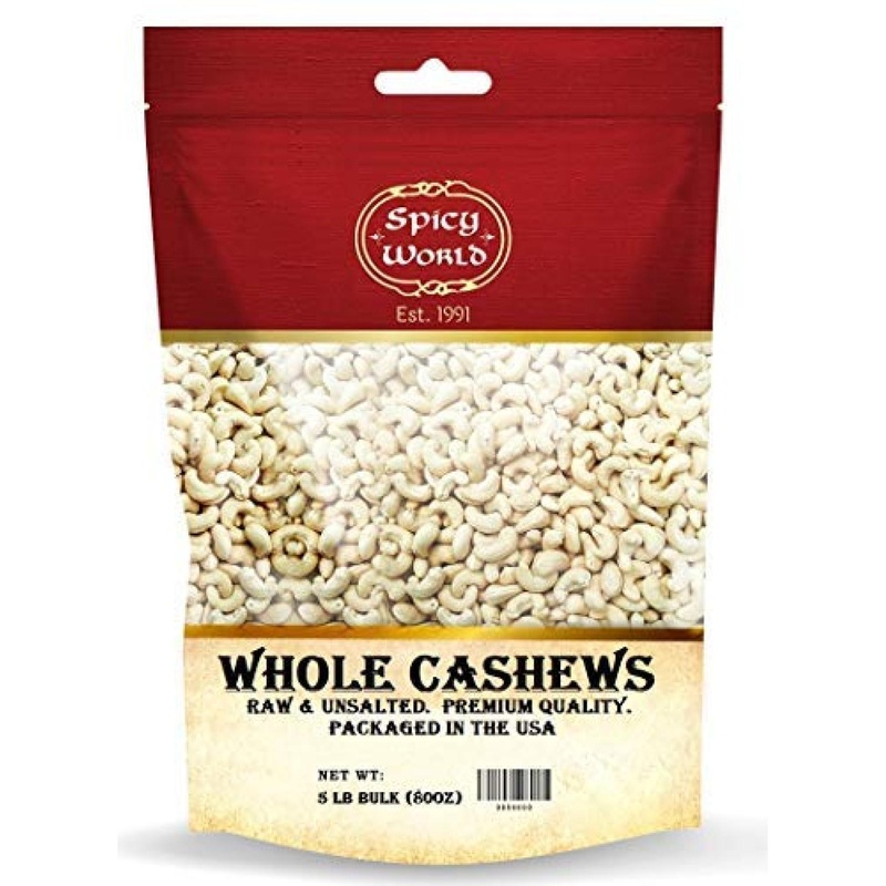 Spicy World Raw Cashews Whole 5 Pound Bulk – Unsalted Natural & Pure – 1 Pack