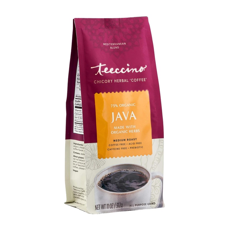 Teeccino Chicory Coffee Alternative – Java Ground Herbal Coffee 11oz – Prebiotic Caffeine Free Medium Roast