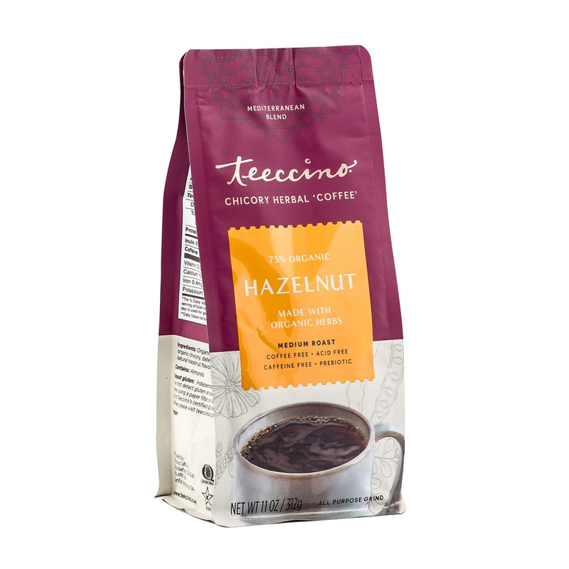 Teeccino Hazelnut Ground Herbal Coffee | Prebiotic, Caffeine-Free, Acid-Free, Medium Roast (11oz)