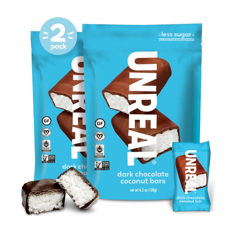 UNREAL Dark Chocolate Coconut Bars – Certified Vegan, Gluten Free, Fair Trade, Non-GMO – 3g Sugar, No Sugar Alcohols or Soy – 2 Bags