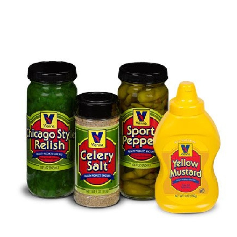 Vienna Chicago-Style Condiment Kit – Yellow Mustard, Green Relish, Sport Peppers, Celery Salt