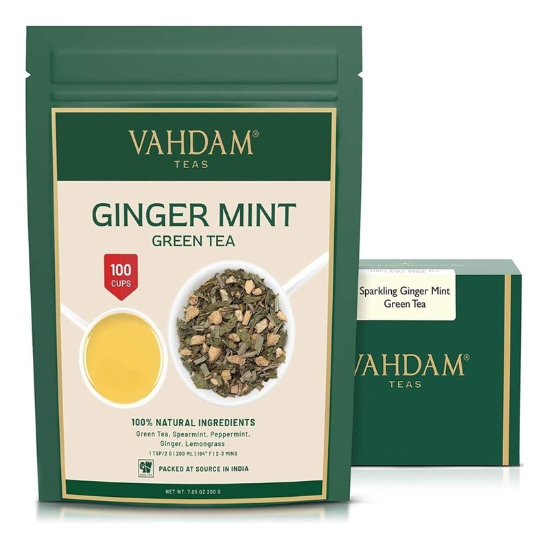 Ginger Mint Green Tea – Vahdam 200g | Aromatic & Delicious | Pure Green Tea Leaves | Iced Tea or Hot Brew
