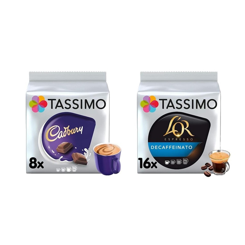 Tassimo Cadbury Hot Chocolate Pods x8 (Pack of 5 Total 40 Drinks) & L’OR Espresso Decaffeinato Coffee Pods x16 (Pack of 5 Total 80 Drinks) + Espresso Decaffeinato Coffee Pods