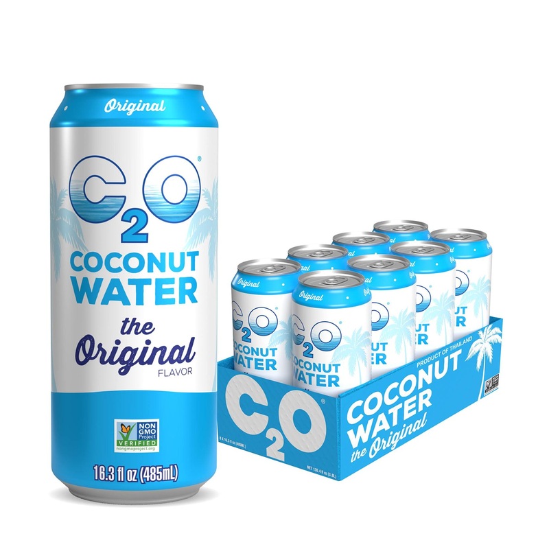 C2O Original Coconut Water 16.3oz Cans (Pack of 8) – Nutrient-Rich Plant-Based Hydration with Electrolytes