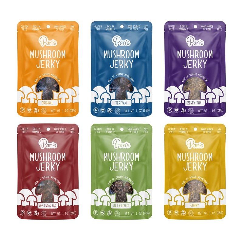 Pan’s Mushroom Jerky Vegan Snack Packs – Plant-Based Shiitake Mushrooms – Gluten Free – High Fiber – Variety Pack of 6 (Original, Zesty Thai, Salt & Pepper, BBQ, Curry, Teriyaki) – 1 Ounce Packs