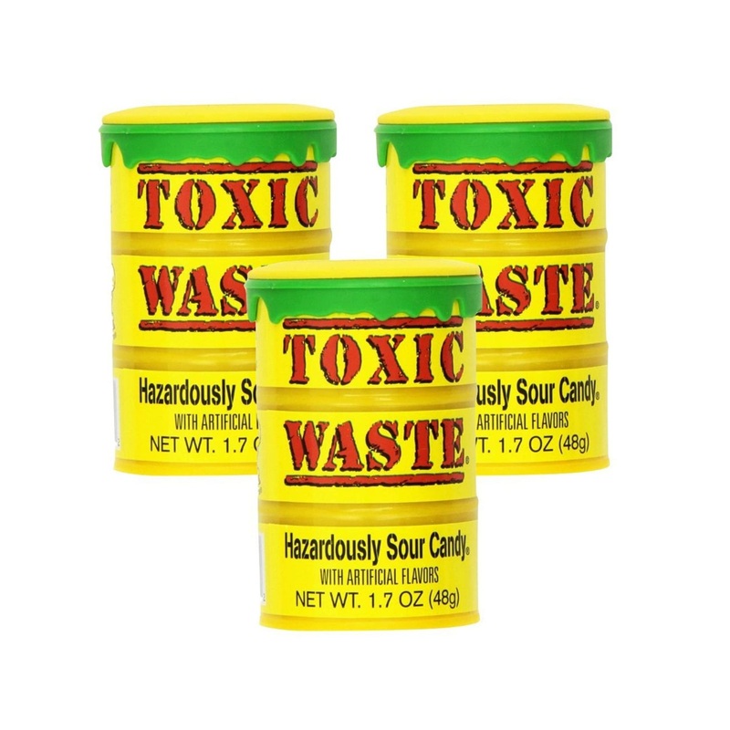 Toxic Waste 3-Pack Original Yellow Drums Assorted Sour Candy – 5 Flavors Apple, Watermelon, Lemon, Blue Raspberry, Black Cherry 1.7oz