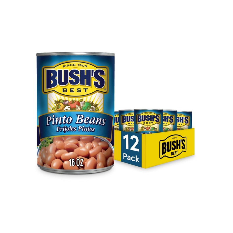 BUSH’S BEST Canned Pinto Beans (Pack of 12) – Plant Based Protein & Fiber, Low Fat, Gluten Free – 16 oz, Ideal for Soups & Salads