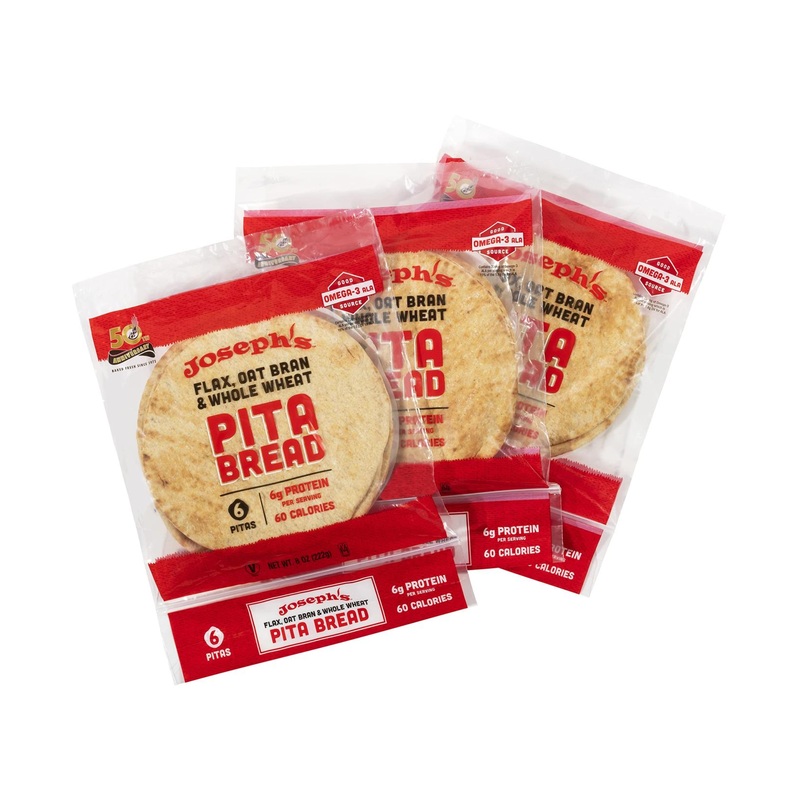 Joseph’s Pita Bread Value 3-Pack  Flax Oat Bran and Whole Wheat  7g Carbs per Serving  Fresh Baked (6 per Pack  18 Pitas Total) 8 Ounce (Pack of 3)