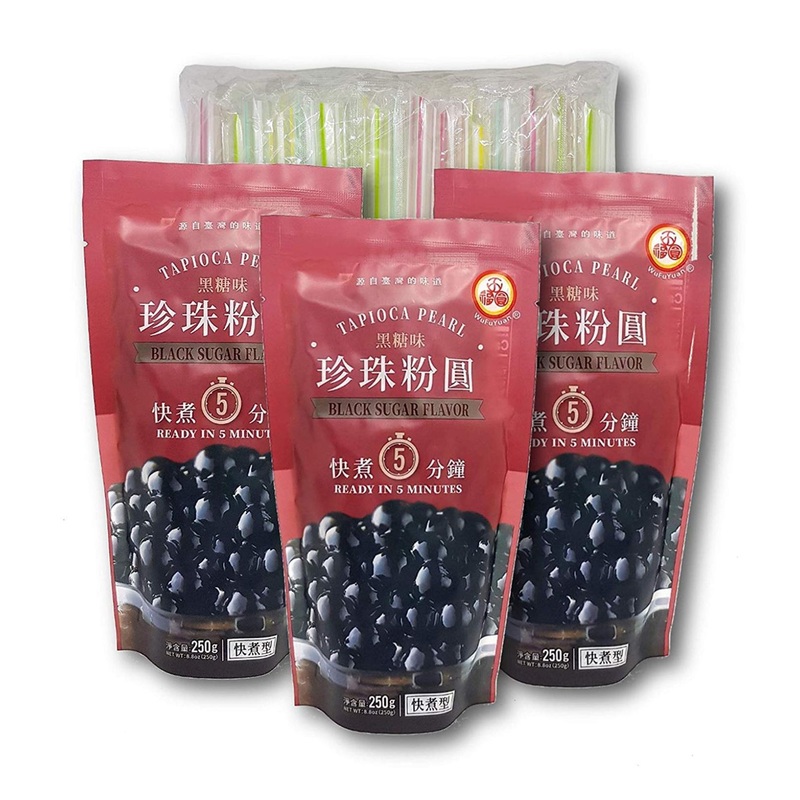 WuFuYuan 3 Packs Black Tapioca Pearl Bubble Tea + 50 Boba Straws – Ginger Honey Crystals Included