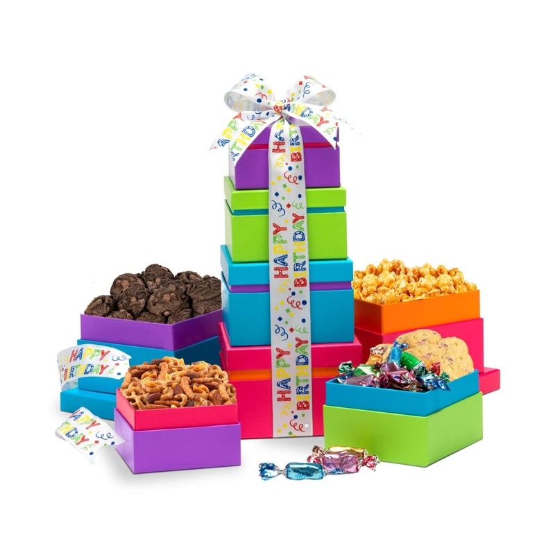 Broadway Basketeers Gourmet Gift Basket Tower | Birthday Snack Box for Parties | Sweet & Savory Treats | Best Wishes for Women, Men, Mom, Dad, Her, Him, Families
