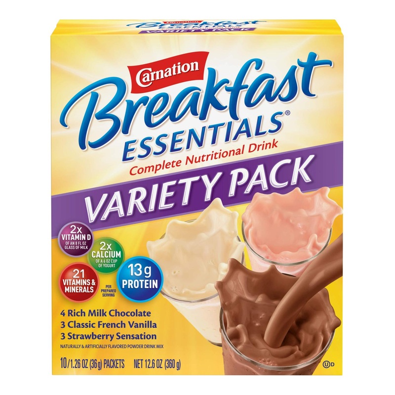 Carnation Breakfast Essentials Powder Drink Mix Variety Pack – 10 Count Box, Complete Nutritional Drink – 1.26 Ounce Packets