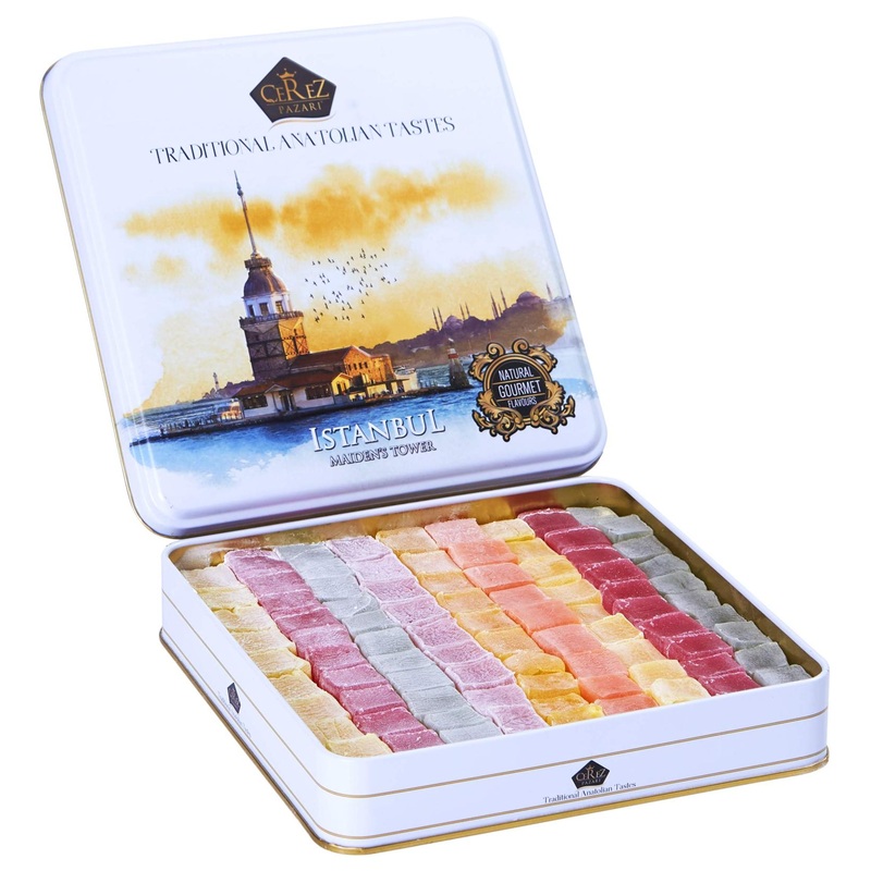 Cerez Pazari Turkish Delight Halloween Candy Gift Basket 2.2Lbs in Elegant Tin Box – 6 Luxury Lokum Flavors – Perfect for Christmas, Thanksgiving, Birthdays – Nut-Free Option