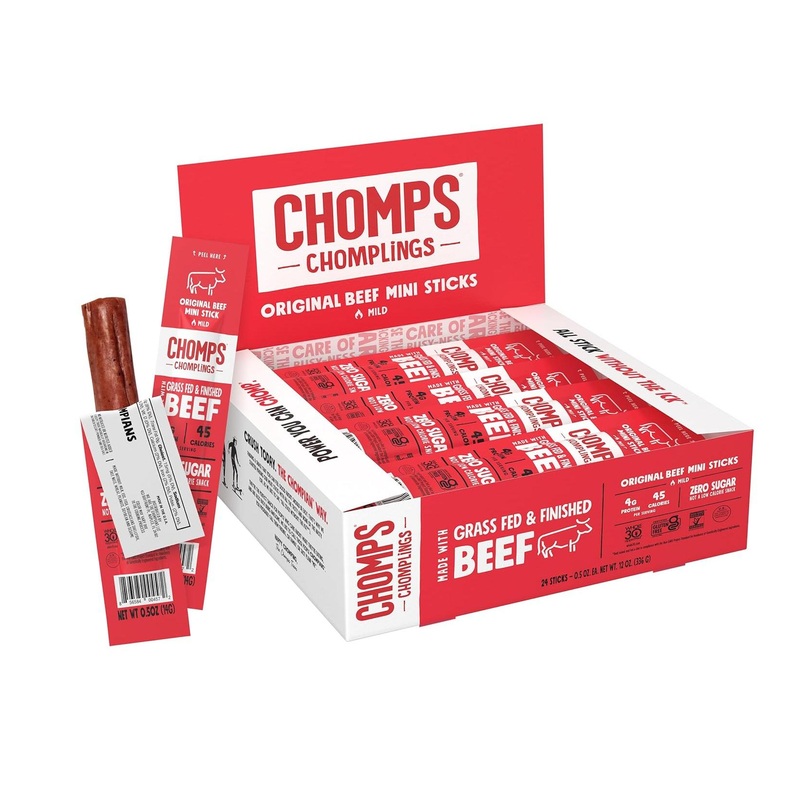 CHOMPS Mini Grass Fed Beef Jerky Sticks 24 Count – Keto, Paleo, Whole30, Sugar Free, Low Carb, High Protein Snack – Nitrate & Gluten Free, Non-GMO – 40 Calories, 0.5 Oz – Original Beef Flavor