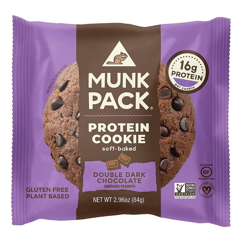 Munk Pack Protein Cookie | 16 Grams of Protein | Soft Baked | Contains Fiber | Plant Based & Vegan Snacks | Soy  Dairy & Gluten Free | Non-GMO | On the Go | Double Dark Chocolate | 12 Pack Double Dark Chocolate 12 Count (P