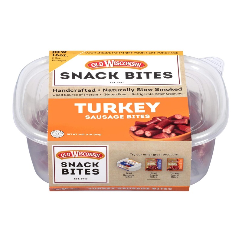 Old Wisconsin Turkey Sausage Snack Bites – High Protein | Low Carb | Keto | Gluten Free – 16 oz Resealable Tub