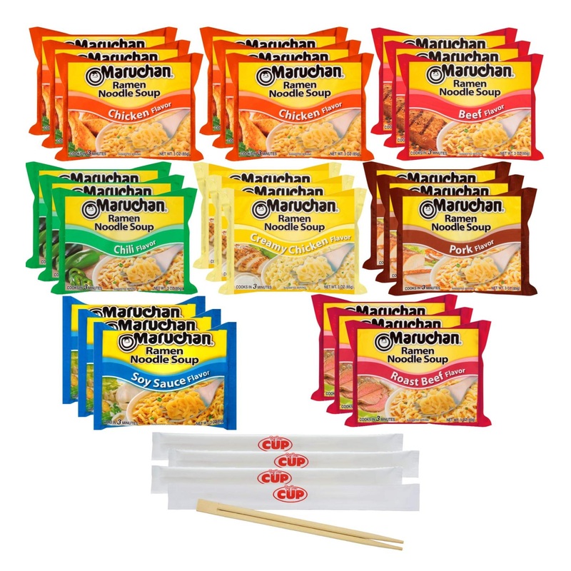 Maruchan Ramen Noodle Soup Variety  7 Flavors  3 Ounce Single Servings (Pack of 24) with By The Cup Chopsticks