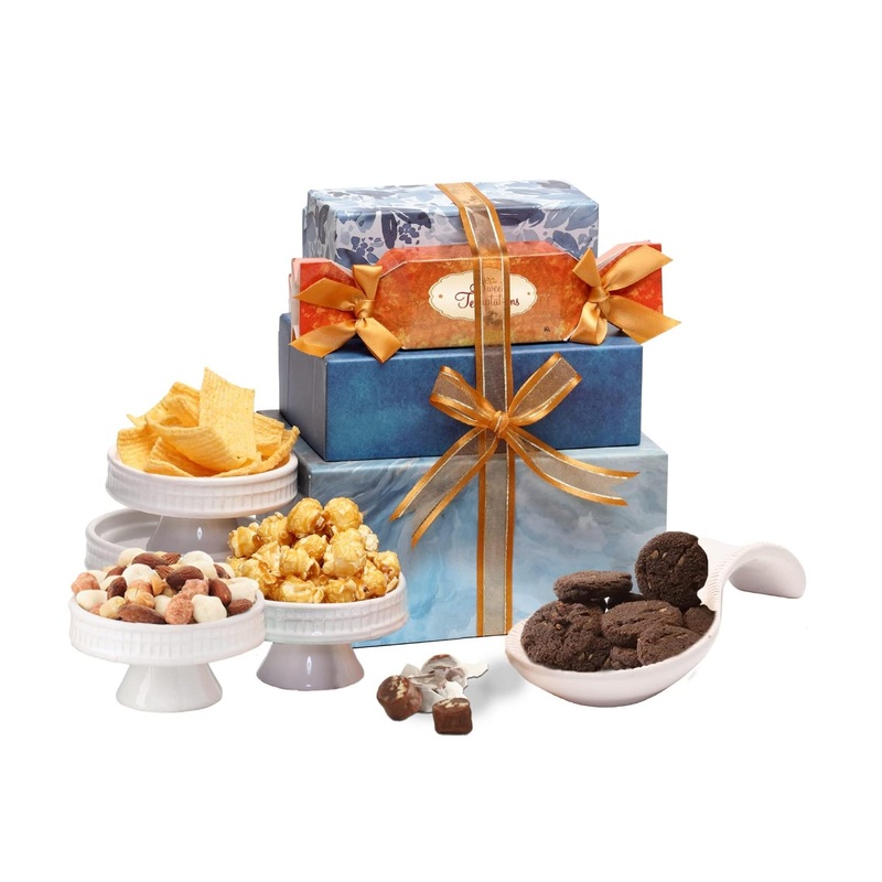 Broadway Basketeers Thinking of You Gift Tower Basket of Snacks Cookies Chocolates and Items for Christmas Holiday Birthday Get Well Gifts Kosher Certified