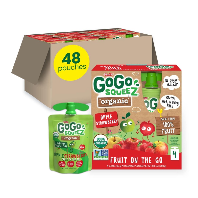 GoGo squeeZ Organic Apple Strawberry Pouches – 48 Gluten-Free Vegan Snacks for Kids