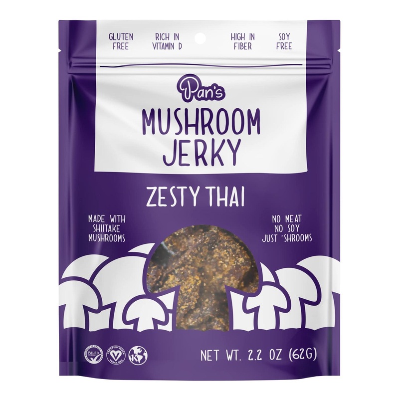 Pan’s Mushroom Jerky – Zesty Thai Flavor, 2.2 oz Pack | Vegan Snack