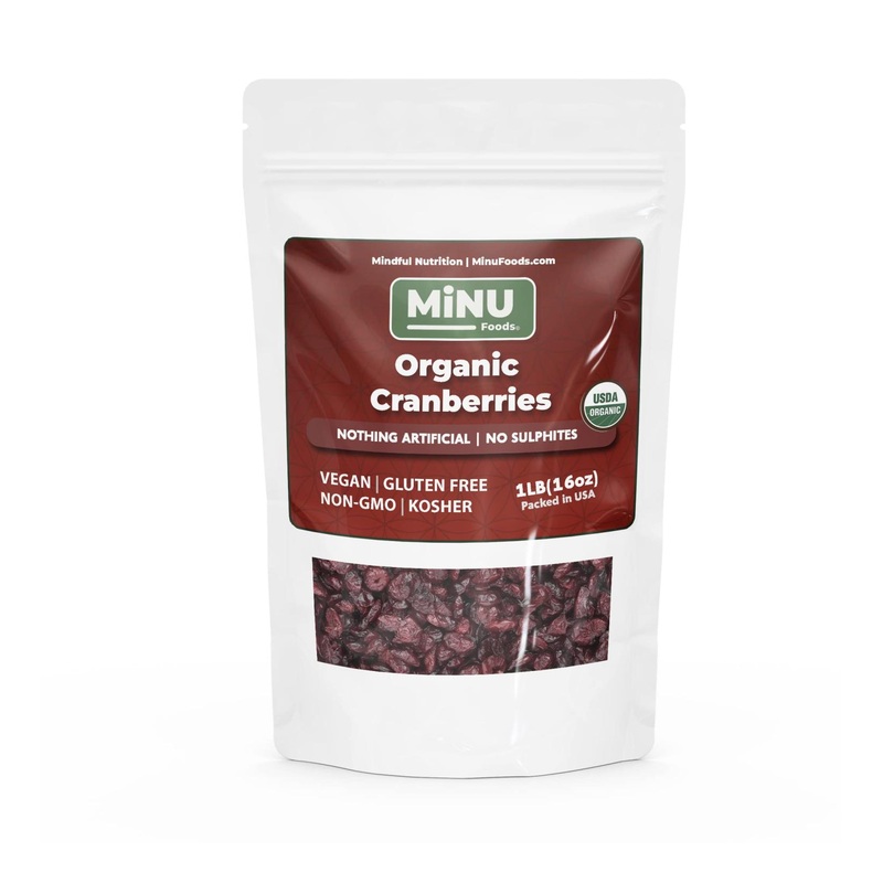 MiNU Organic Dried Cranberries 16 oz – No Sulfur, No Added Sugar, Vegan Superfood
