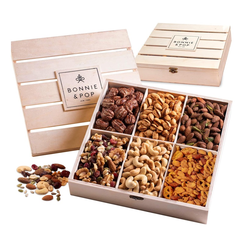 Nut Gift Basket in Reusable Wooden Crate – Gourmet Healthy Snacks for Thank You, Sympathy & Birthday | Bonnie & Pop