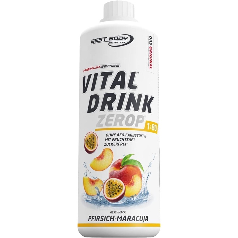Best Body Nutrition Vital Drink Zerop – Sugar-Free Peach Maracuja Concentrate – Makes 80 Liters – 1L Pack for Optimal Hydration