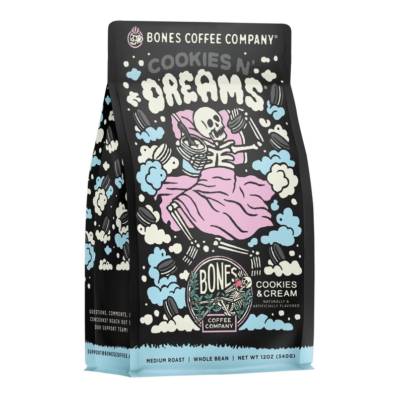 Bones Coffee Company Cookies ‘N Dreams 12 oz Ground Coffee – Cookie & Creams Flavor | Medium Roast Arabica Beans | Flavored Coffee Gift