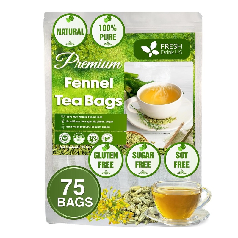 FreshDrinkUS  Premium 75 Fennel Tea Bags  100% Natural & Pure from Fennel Seeds. Fennel Seed Herbal Tea. Fennel Seed Tea. Made with Natural Material Tea Bags. No Sugar  No Caffeine  No Gluten  Vegan.