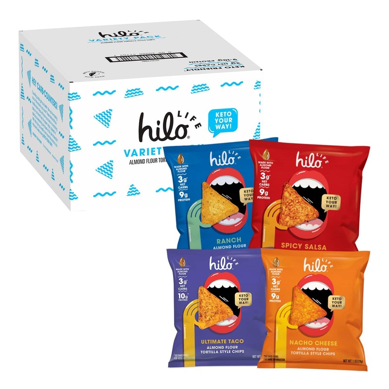 Hilo Life Low Carb Keto Friendly Tortilla Chip Snack Bags 4 Flavor Variety Pack – Nacho Cheese, Ranch, Spicy Salsa, Ultimate Taco (12 Count)