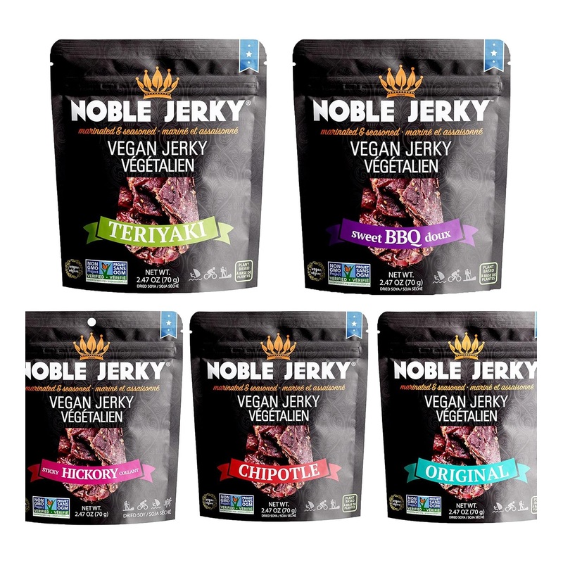 Noble Jerky Vegan Plant Based Snack Variety Pack 2.47 oz (5 Bags) – BBQ  Teriyaki  Chipotle  Original & Hickory | Non GMO