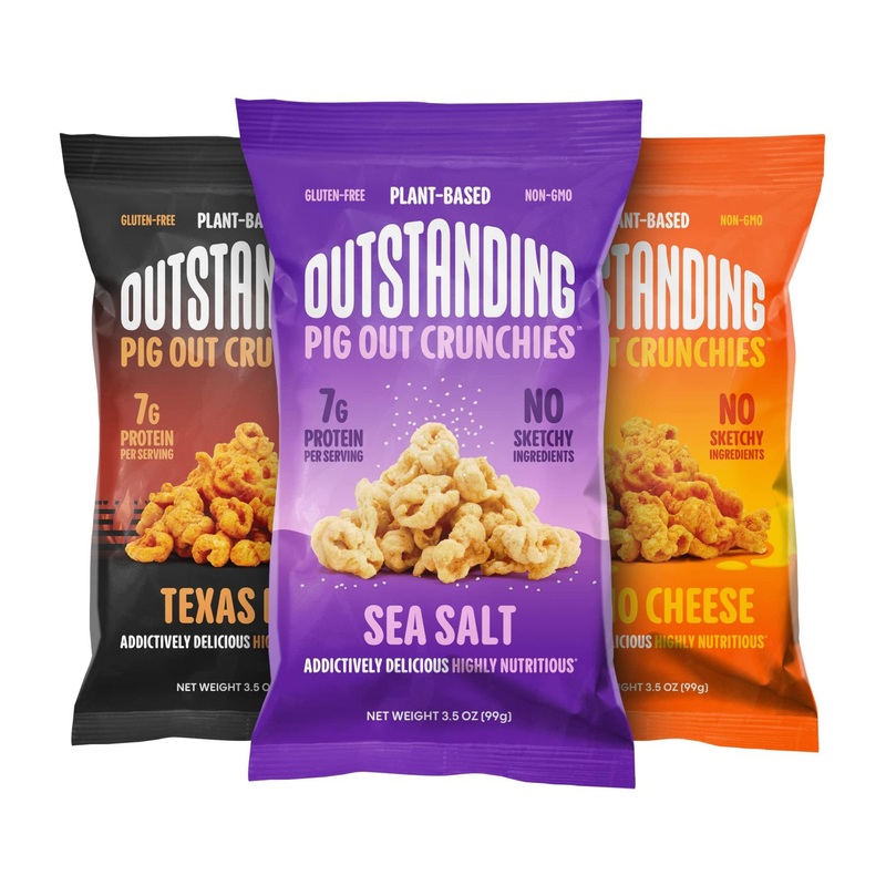 Outstanding Foods Pig Out Crunchies Variety Pack – Plant-Based Protein Snacks – Sea Salt, Texas BBQ, Nacho Cheese Flavors – 3.5 oz – Baked, Gluten-Free, Non-GMO – Pack of 3