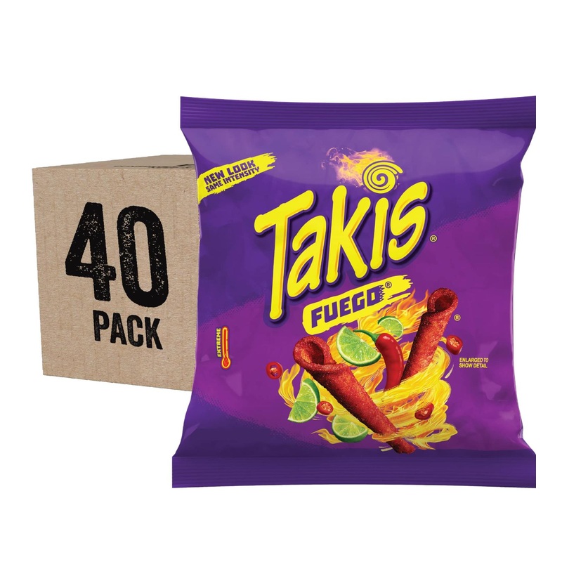 Takis Fuego Rolled Tortilla Chips – Box of 40 Individual 1oz Bags – Hot Chili Pepper and Lime Flavor – 2lb 8oz Net Weight