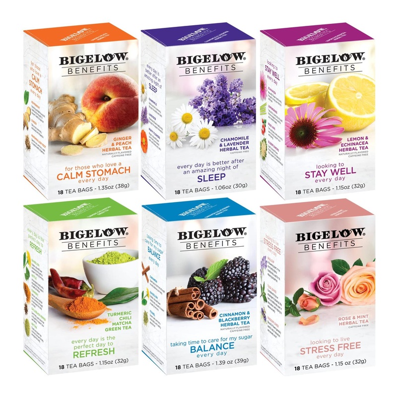 Bigelow Benefits Wellness Tea Variety Pack – 108 Total Tea Bags – Mixed Caffeinated Green Matcha & Caffeine-Free Herbal Tea – 6 Packs of 18 Count – Packaging May Vary