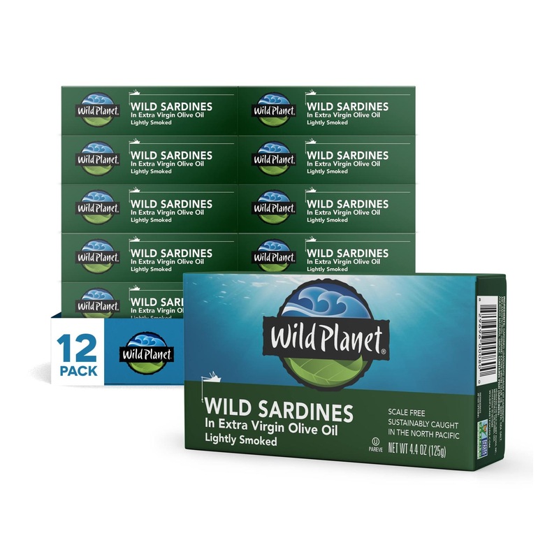 Wild Planet Wild Sardines in EVOO, Lightly Smoked, Sustainably Caught, Non-GMO, Kosher, Gluten-Free – 4.4 oz (12 Pack)
