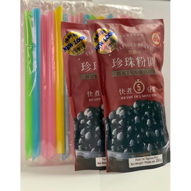 BOBA Black Tapioca Pearl Bubble Tea 2 Pack + 50 BOBA Straws – 8.8 OZ – Variety Color