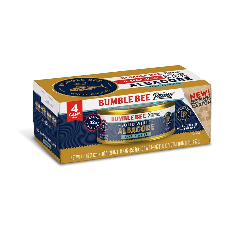 Bumble Bee Prime Solid White Albacore Tuna in Water – 31g Protein – Non-GMO, Gluten Free, Kosher – 5oz (Pack of 4)