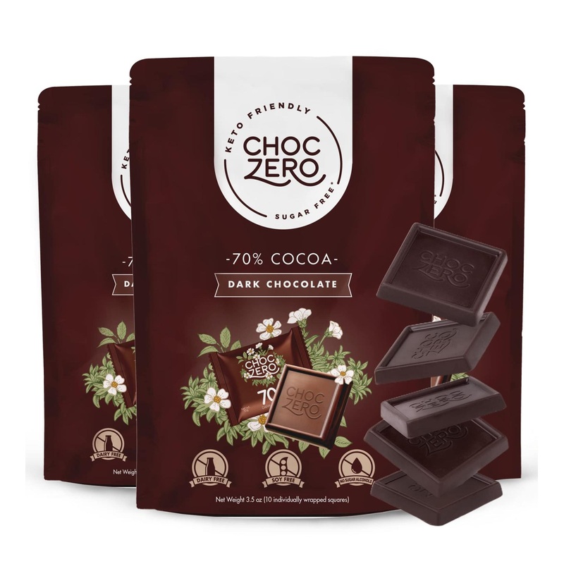 ChocZero Squares 70% Cocoa Special Vegan Dark Chocolate – Keto Friendly, Sugar-Free (3 bags, 30 snack pieces)