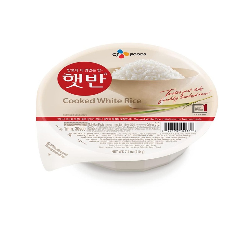 CJ Instant Rice Cooked White Hetbahn 7.4 oz 12 Bowls, Gluten-Free & Vegan, No Preservatives, Healthy & Delicious