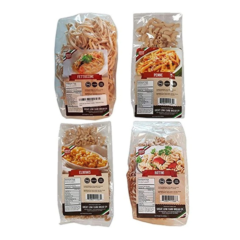 Low Carb Pasta Variety Pack: Fettuccine, Rotini, Penne, Elbows – 4 Pack Assortment by Great Low Carb Bread Co